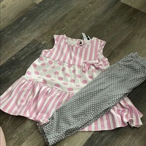 Pink and White Striped Dress with Gray Polka Dot Leggings
